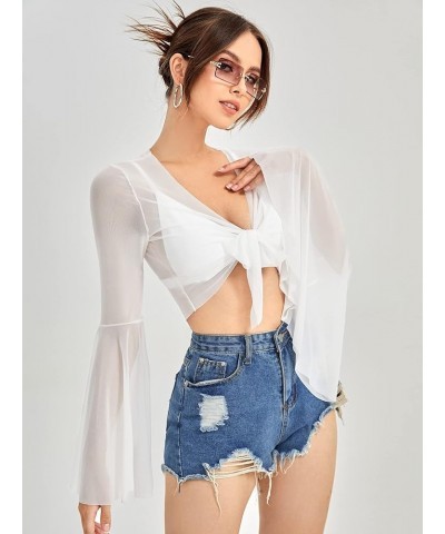 Women's Tie Front Bell Long Sleeve Blouse Sheer Mesh Crop Top White $14.24 Blouses