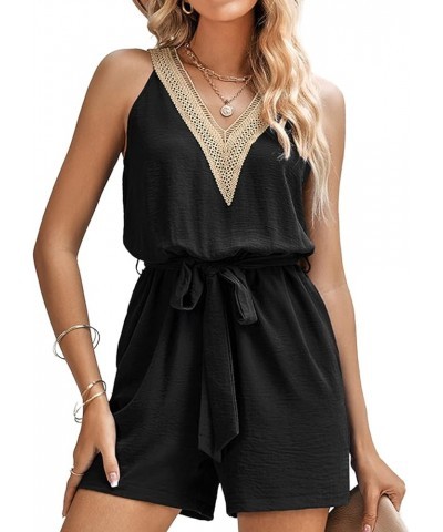 Women's V Neck Sleeveless Jumpsuits Lace Design Belt Solid Rompers Black $23.31 Jumpsuits