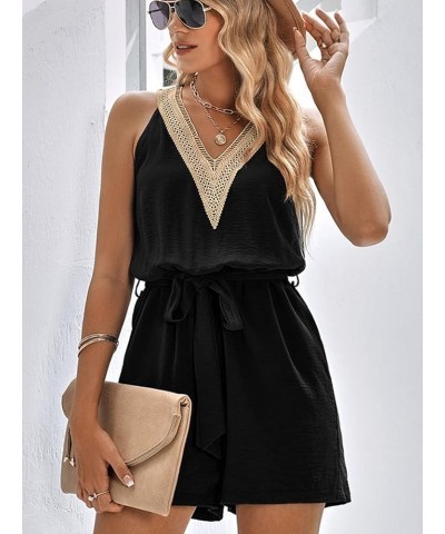 Women's V Neck Sleeveless Jumpsuits Lace Design Belt Solid Rompers Black $23.31 Jumpsuits