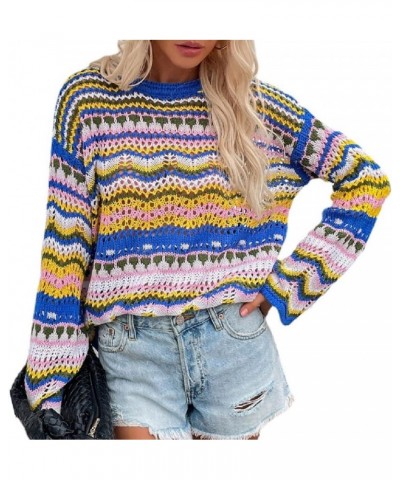 Womens Striped Crochet Sweaters Lightweight Crewneck Multicolor Trendy Y2k Long Bell Sleeve Knit Pullover Tops Blue $12.40 Sw...