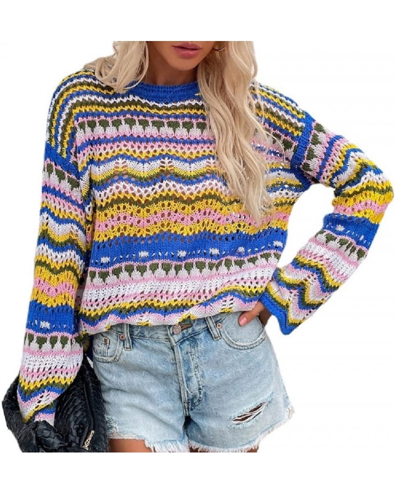 Womens Striped Crochet Sweaters Lightweight Crewneck Multicolor Trendy Y2k Long Bell Sleeve Knit Pullover Tops Blue $12.40 Sw...