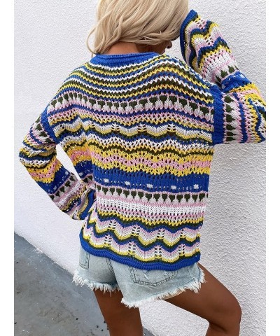 Womens Striped Crochet Sweaters Lightweight Crewneck Multicolor Trendy Y2k Long Bell Sleeve Knit Pullover Tops Blue $12.40 Sw...