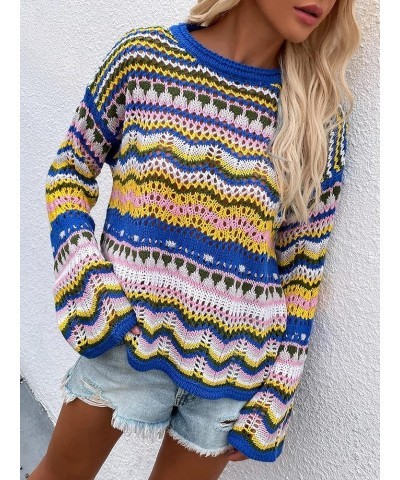 Womens Striped Crochet Sweaters Lightweight Crewneck Multicolor Trendy Y2k Long Bell Sleeve Knit Pullover Tops Blue $12.40 Sw...