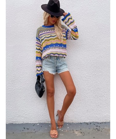 Womens Striped Crochet Sweaters Lightweight Crewneck Multicolor Trendy Y2k Long Bell Sleeve Knit Pullover Tops Blue $12.40 Sw...