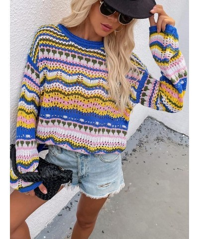 Womens Striped Crochet Sweaters Lightweight Crewneck Multicolor Trendy Y2k Long Bell Sleeve Knit Pullover Tops Blue $12.40 Sw...