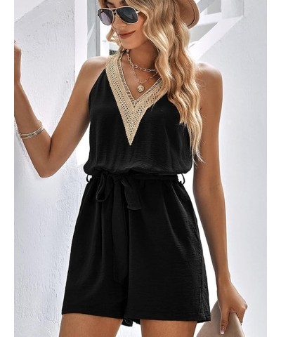 Women's V Neck Sleeveless Jumpsuits Lace Design Belt Solid Rompers Black $23.31 Jumpsuits