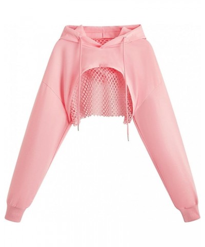 Women's Fishnet Long Sleeve Drawstring High Low Workout Hoodie Crop Tops Pink $12.60 Hoodies & Sweatshirts