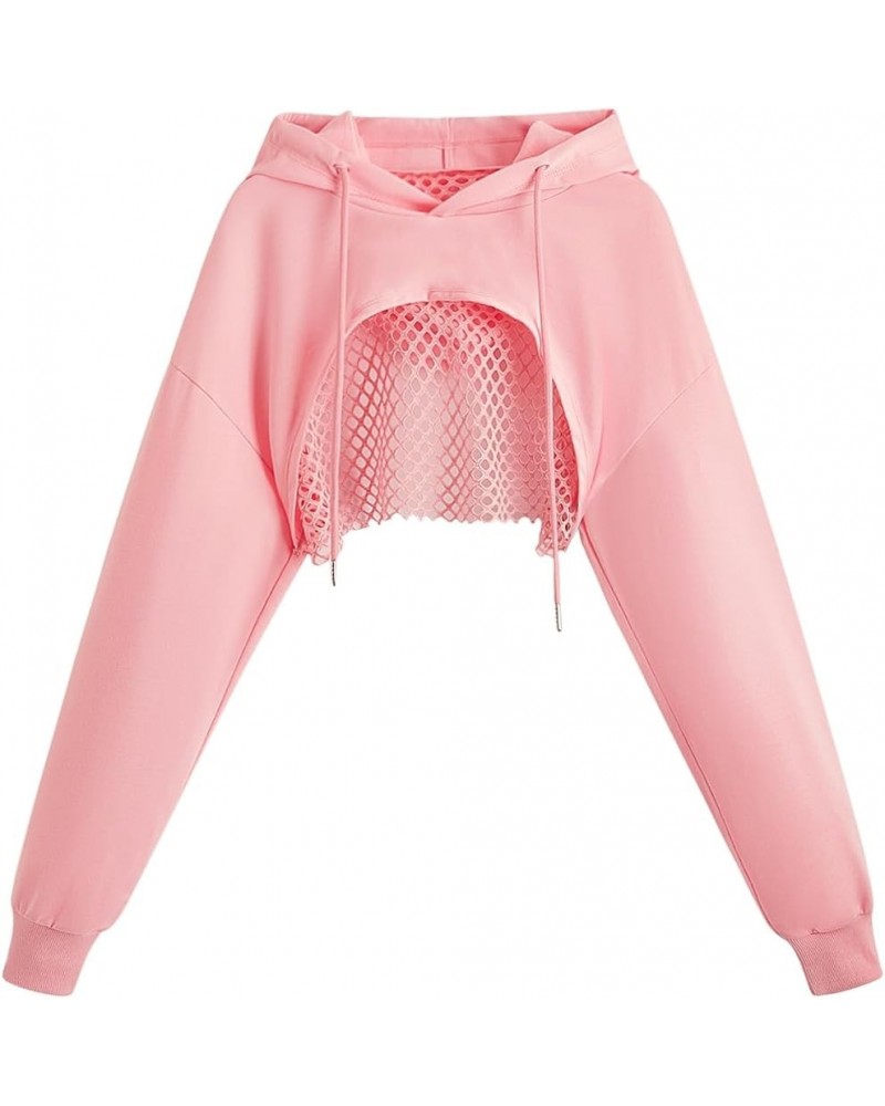 Women's Fishnet Long Sleeve Drawstring High Low Workout Hoodie Crop Tops Pink $12.60 Hoodies & Sweatshirts