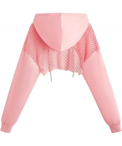 Women's Fishnet Long Sleeve Drawstring High Low Workout Hoodie Crop Tops Pink $12.60 Hoodies & Sweatshirts