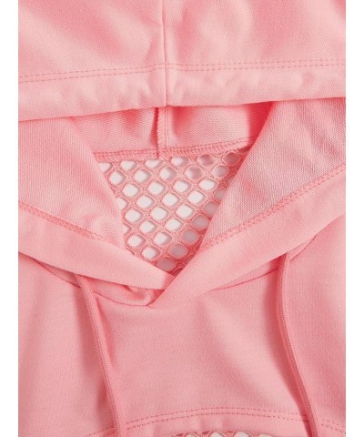 Women's Fishnet Long Sleeve Drawstring High Low Workout Hoodie Crop Tops Pink $12.60 Hoodies & Sweatshirts