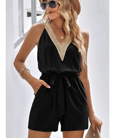 Women's V Neck Sleeveless Jumpsuits Lace Design Belt Solid Rompers Black $23.31 Jumpsuits