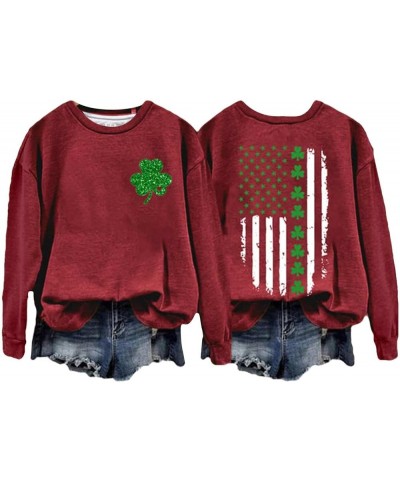 Womens St Patricks Day Sweatshirts Irish Lucky Green Shamrock Long Sleeve Crewneck Shirts C Wine $8.83 Hoodies & Sweatshirts