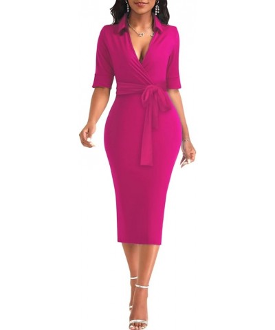 Women's 3/4 Sleeve Round Neck Casual Houndstooth Bodycon Wear to Work Pencil Sheath Midi Dresses 5624 Rose Red $19.13 Dresses