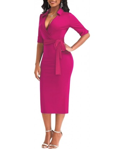 Women's 3/4 Sleeve Round Neck Casual Houndstooth Bodycon Wear to Work Pencil Sheath Midi Dresses 5624 Rose Red $19.13 Dresses