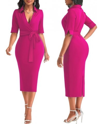 Women's 3/4 Sleeve Round Neck Casual Houndstooth Bodycon Wear to Work Pencil Sheath Midi Dresses 5624 Rose Red $19.13 Dresses