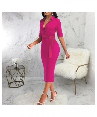 Women's 3/4 Sleeve Round Neck Casual Houndstooth Bodycon Wear to Work Pencil Sheath Midi Dresses 5624 Rose Red $19.13 Dresses