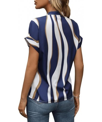 Women's Color Block Notched V Neck Short Sleeve Work Office Blouse Tops Blue and White Colorblock $11.50 Blouses