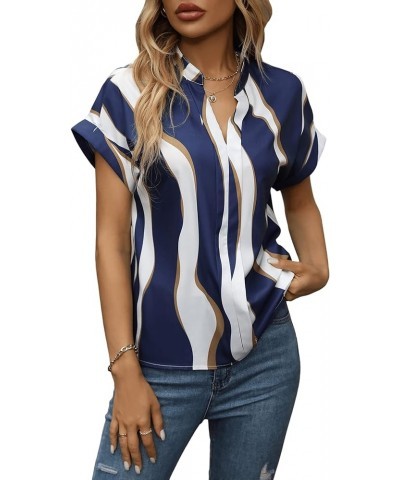 Women's Color Block Notched V Neck Short Sleeve Work Office Blouse Tops Blue and White Colorblock $11.50 Blouses