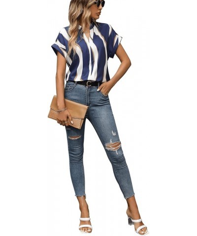 Women's Color Block Notched V Neck Short Sleeve Work Office Blouse Tops Blue and White Colorblock $11.50 Blouses