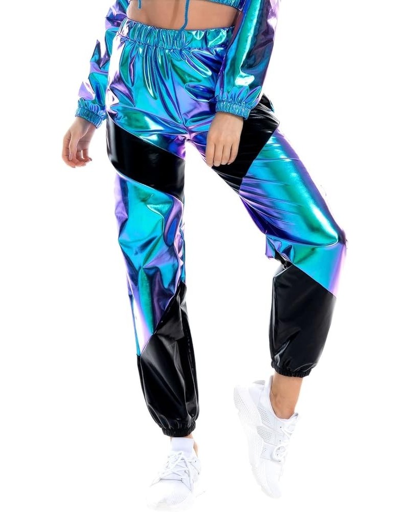 Women's Metallic Rave Pants High Waist Stretchy Jogger Streetwear Wet Look Hip Hop Club Wear Holographic Sweatpants Holograph...