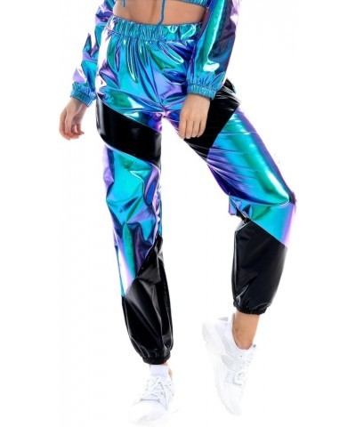 Women's Metallic Rave Pants High Waist Stretchy Jogger Streetwear Wet Look Hip Hop Club Wear Holographic Sweatpants Holograph...