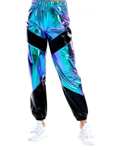 Women's Metallic Rave Pants High Waist Stretchy Jogger Streetwear Wet Look Hip Hop Club Wear Holographic Sweatpants Holograph...