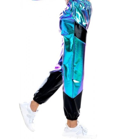 Women's Metallic Rave Pants High Waist Stretchy Jogger Streetwear Wet Look Hip Hop Club Wear Holographic Sweatpants Holograph...