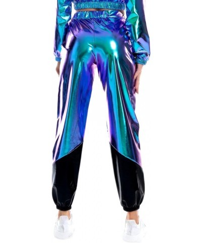 Women's Metallic Rave Pants High Waist Stretchy Jogger Streetwear Wet Look Hip Hop Club Wear Holographic Sweatpants Holograph...