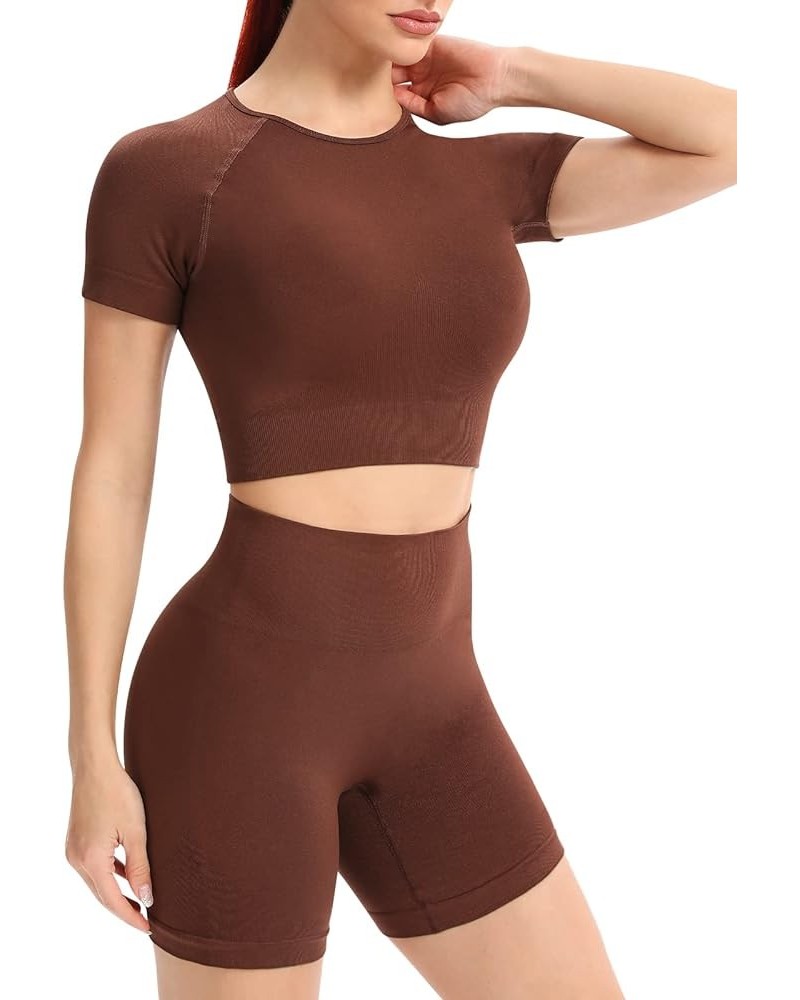 Seamless 2 Piece Workout Sets for Women High Waisted Biker Short Set Yoga Crop Top Set Coffee $12.74 Activewear