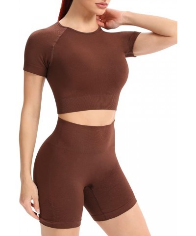 Seamless 2 Piece Workout Sets for Women High Waisted Biker Short Set Yoga Crop Top Set Coffee $12.74 Activewear