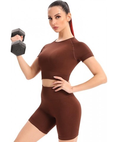 Seamless 2 Piece Workout Sets for Women High Waisted Biker Short Set Yoga Crop Top Set Coffee $12.74 Activewear