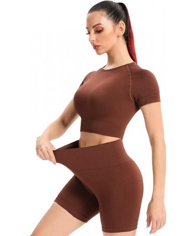 Seamless 2 Piece Workout Sets for Women High Waisted Biker Short Set Yoga Crop Top Set Coffee $12.74 Activewear