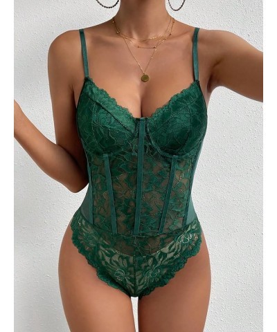 Women's Floral Lace Sheer Mesh Corset Bodysuit Spaghetti Strap Cami Top Dark Green $16.32 Bodysuits