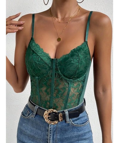 Women's Floral Lace Sheer Mesh Corset Bodysuit Spaghetti Strap Cami Top Dark Green $16.32 Bodysuits