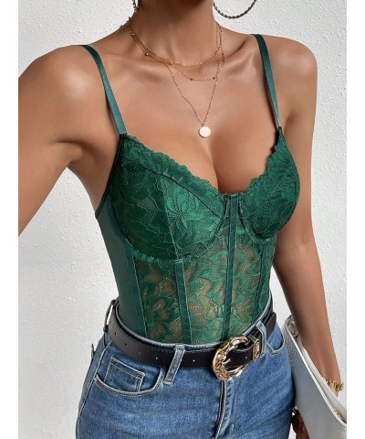 Women's Floral Lace Sheer Mesh Corset Bodysuit Spaghetti Strap Cami Top Dark Green $16.32 Bodysuits