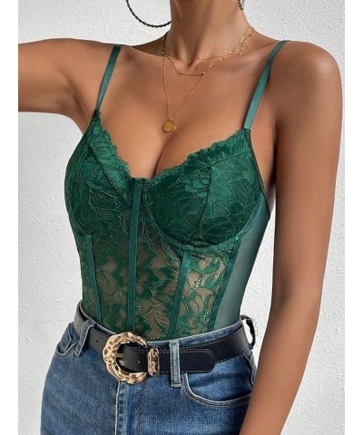 Women's Floral Lace Sheer Mesh Corset Bodysuit Spaghetti Strap Cami Top Dark Green $16.32 Bodysuits