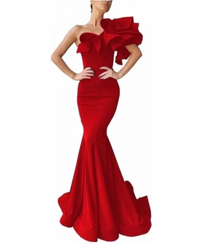 Women's One Shoulder Ruffles Satin Mermaid Prom Dresses Long Ball Gowns Formal Evening Party Gowns Red $39.74 Dresses