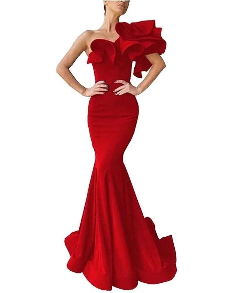 Women's One Shoulder Ruffles Satin Mermaid Prom Dresses Long Ball Gowns Formal Evening Party Gowns Red $39.74 Dresses