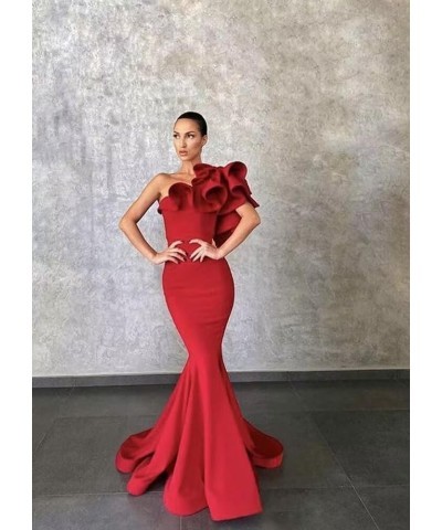 Women's One Shoulder Ruffles Satin Mermaid Prom Dresses Long Ball Gowns Formal Evening Party Gowns Red $39.74 Dresses