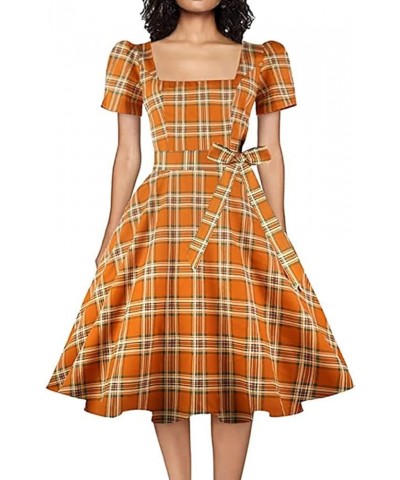 Women's Square Neck Dress Vintage 1950s Cocktail Party Dress with Puff Sleeves Orange Plaid $13.02 Dresses