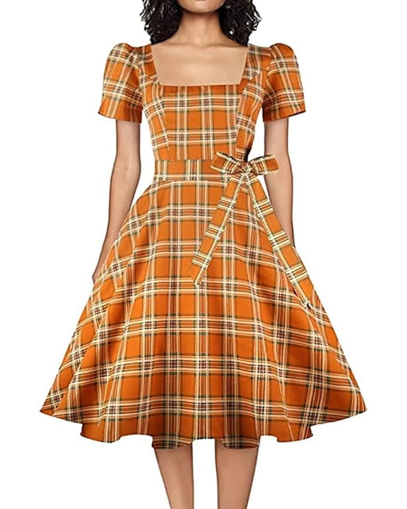 Women's Square Neck Dress Vintage 1950s Cocktail Party Dress with Puff Sleeves Orange Plaid $13.02 Dresses