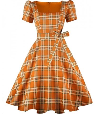 Women's Square Neck Dress Vintage 1950s Cocktail Party Dress with Puff Sleeves Orange Plaid $13.02 Dresses