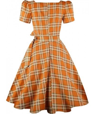 Women's Square Neck Dress Vintage 1950s Cocktail Party Dress with Puff Sleeves Orange Plaid $13.02 Dresses