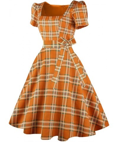 Women's Square Neck Dress Vintage 1950s Cocktail Party Dress with Puff Sleeves Orange Plaid $13.02 Dresses