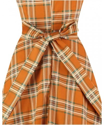 Women's Square Neck Dress Vintage 1950s Cocktail Party Dress with Puff Sleeves Orange Plaid $13.02 Dresses