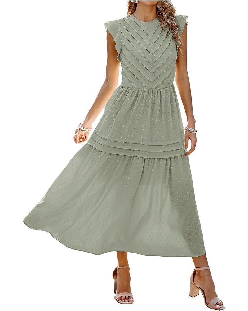 Women's Summer Maxi Dress Casual Crewneck Cap Sleeve Swiss Dot Tierd Pleated Solid Long Skater Sundress Grey Green $19.74 Dre...