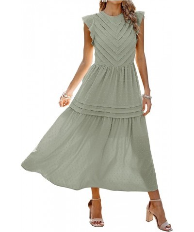 Women's Summer Maxi Dress Casual Crewneck Cap Sleeve Swiss Dot Tierd Pleated Solid Long Skater Sundress Grey Green $19.74 Dre...