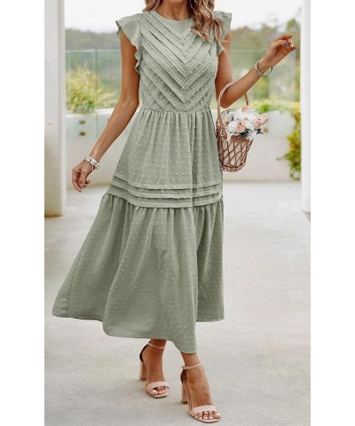 Women's Summer Maxi Dress Casual Crewneck Cap Sleeve Swiss Dot Tierd Pleated Solid Long Skater Sundress Grey Green $19.74 Dre...