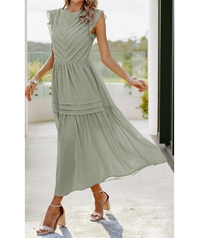 Women's Summer Maxi Dress Casual Crewneck Cap Sleeve Swiss Dot Tierd Pleated Solid Long Skater Sundress Grey Green $19.74 Dre...