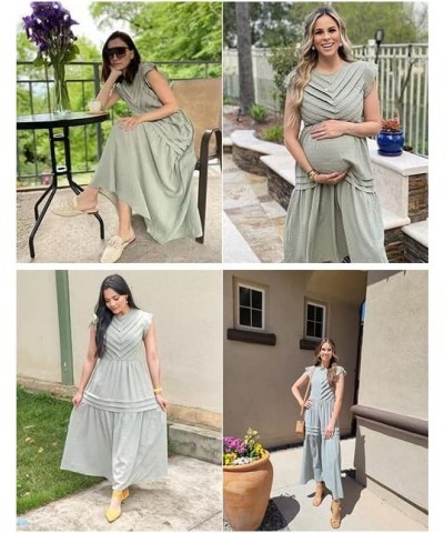 Women's Summer Maxi Dress Casual Crewneck Cap Sleeve Swiss Dot Tierd Pleated Solid Long Skater Sundress Grey Green $19.74 Dre...